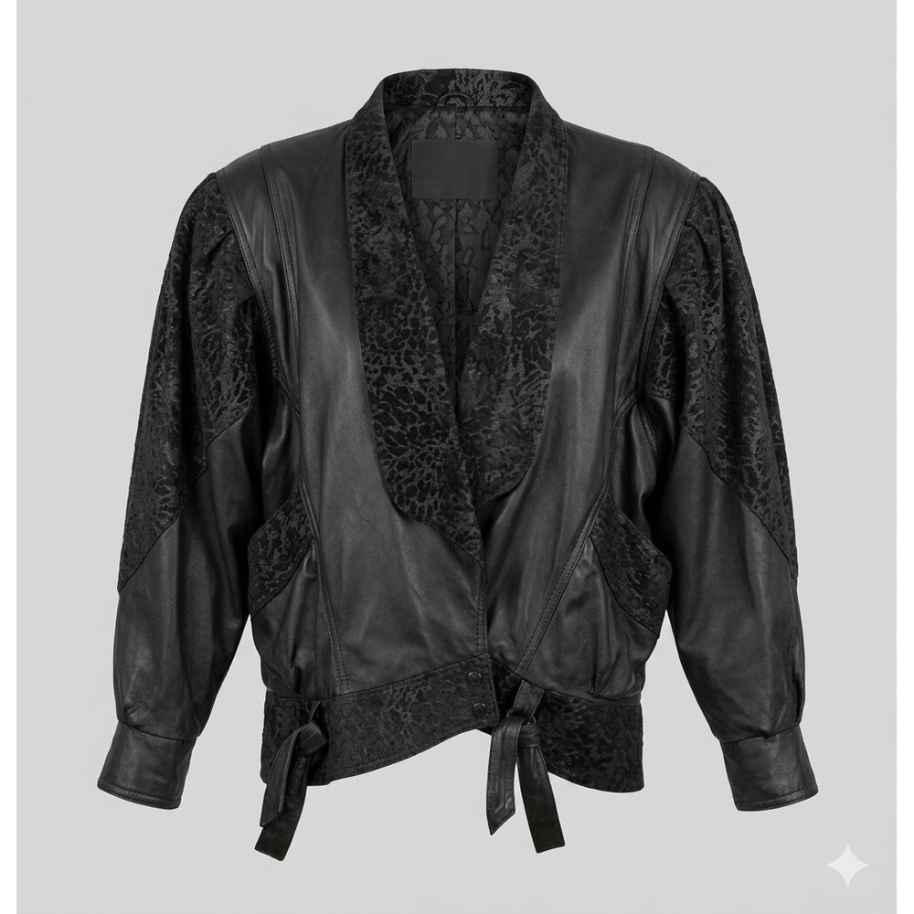 Winlit Vintage 80s Womens L Black Genuine Leather Jacket Lace Print Suede Dolman
